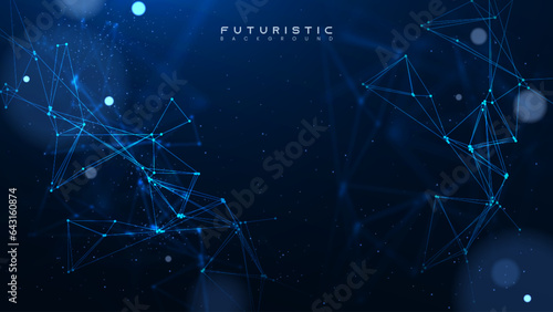 Abstract tech network connection dots. Digital technology and big data analysis background. Futuristic scientific wallpaper with mesh. Dark background with plexus lines