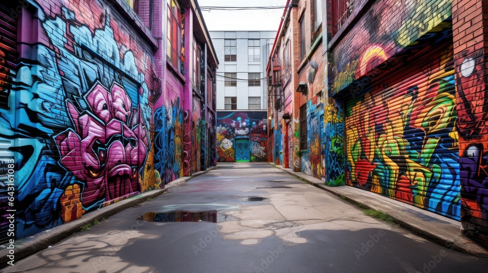 Fototapeta premium Urban Canvas: Exploring the Vibrant Tapestry of Graffiti and Murals in a Sunlit Alleyway