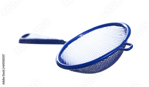 Fotografie Blue empty metal sieve isolated on white, clipping