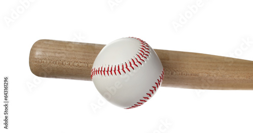 Fotografía Close up wooden baseball bat and ball isolated on white, clipping