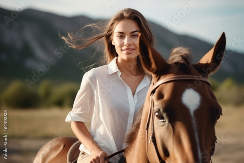 A beautiful brunette woman rides a brown horse.