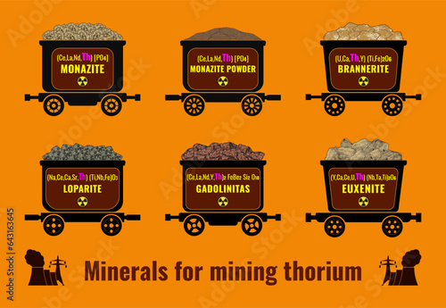 Set of vector illustrations of mining trolleys with thorium ore in various forms with chemical formulas and names.
