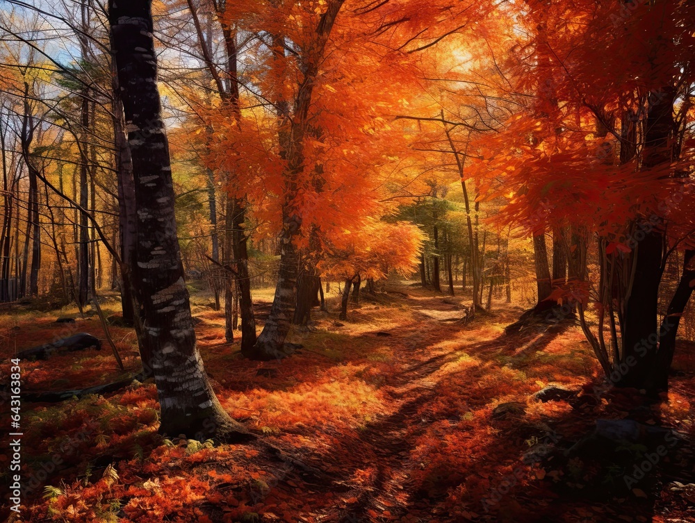 Vibrant autumn leaves create tapestry of colors in tranquil forest, seasonal beauty., made with Generative AI
