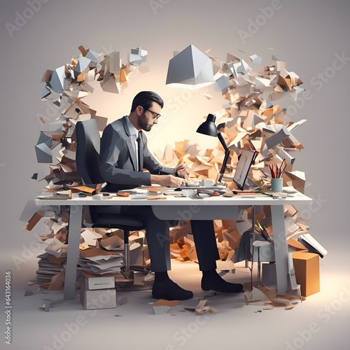 3d render of an office worker overwhelmed with paper photo