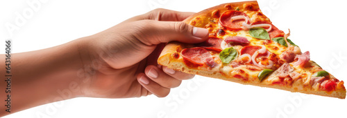 Hand holding delicious slice of pepperoni pizza, cheese, salami, PNG, Transparent, isolate.