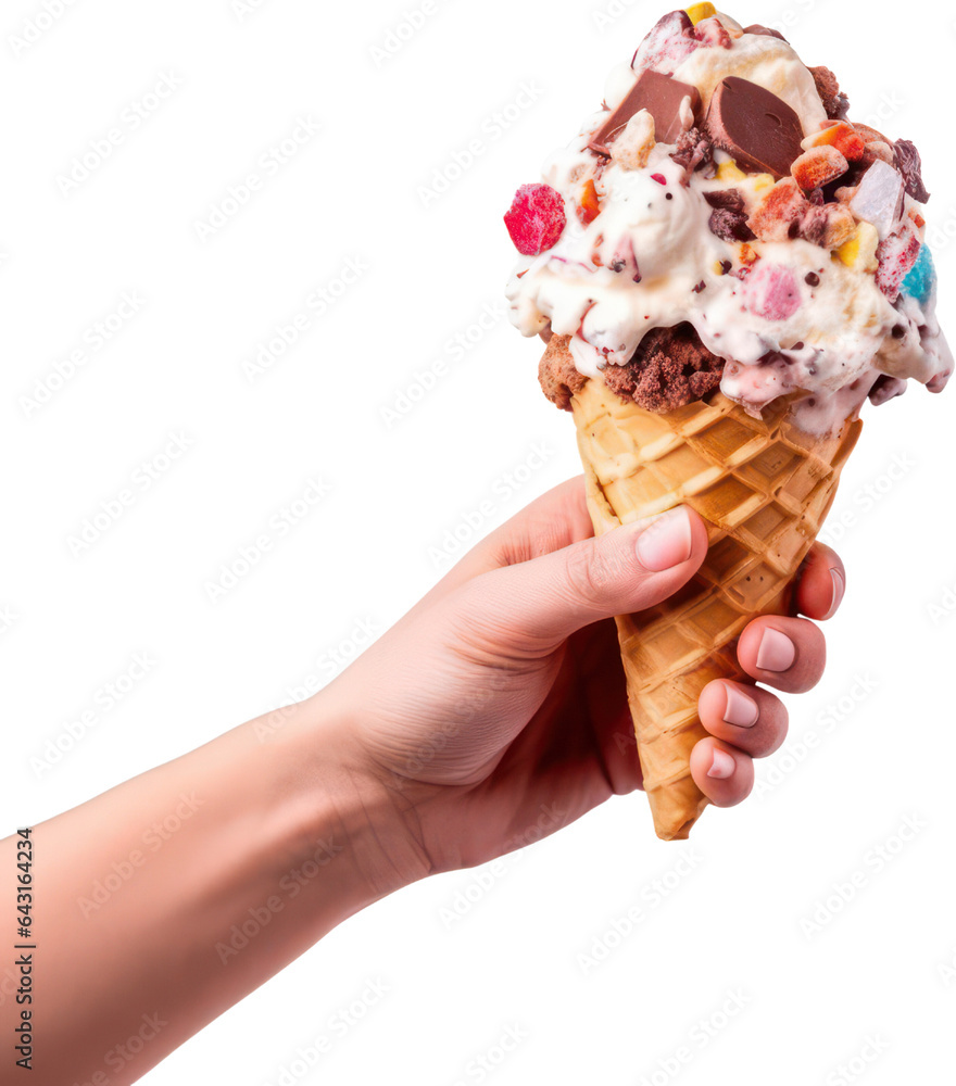 Hand holding Delicious Rocky Road ice cream in waffle cones, Homemade, PNG, Transparent, isolate. Hand holding Delicious Rocky Road ice cream in waffle cones, Homemade, PNG, Transparent, isolate.