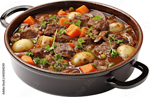 Delicious Tasty Beef meat and vegetables stew in pot, potatoes, carrots, PNG, Transparent, isolate.