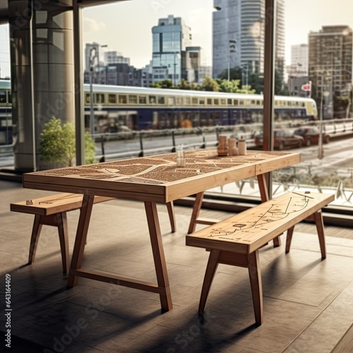 Wooden table set against the backdrop of a bustling metro station, capturing the contrast between natural warmth and urban energy, made with Generative AI