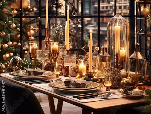 Wooden table set in a luminous New Year's setting, adorned with celebratory decor, made with Generative AI