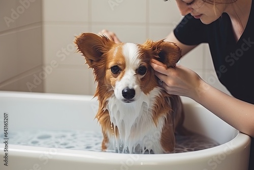 A cute Jack Russell puppy, wet and fluffy, enjoys a bath in a clean bathroom. Its happy owner ensures proper grooming, creating a healthy, adorable scene full of joy. © Andrii Zastrozhnov