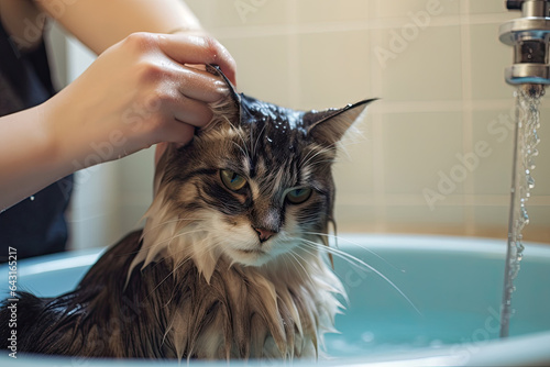 A wet and cute kitten stares unhappily from the sink. The fluffy feline's discomfort after a bath is evident, creating a humorous yet endearing scene of cleanliness.