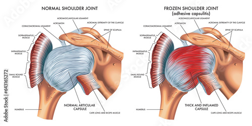 Medical illustration shows the difference between a normal shoulder joint and a frozen shoulder joint, with annotations.