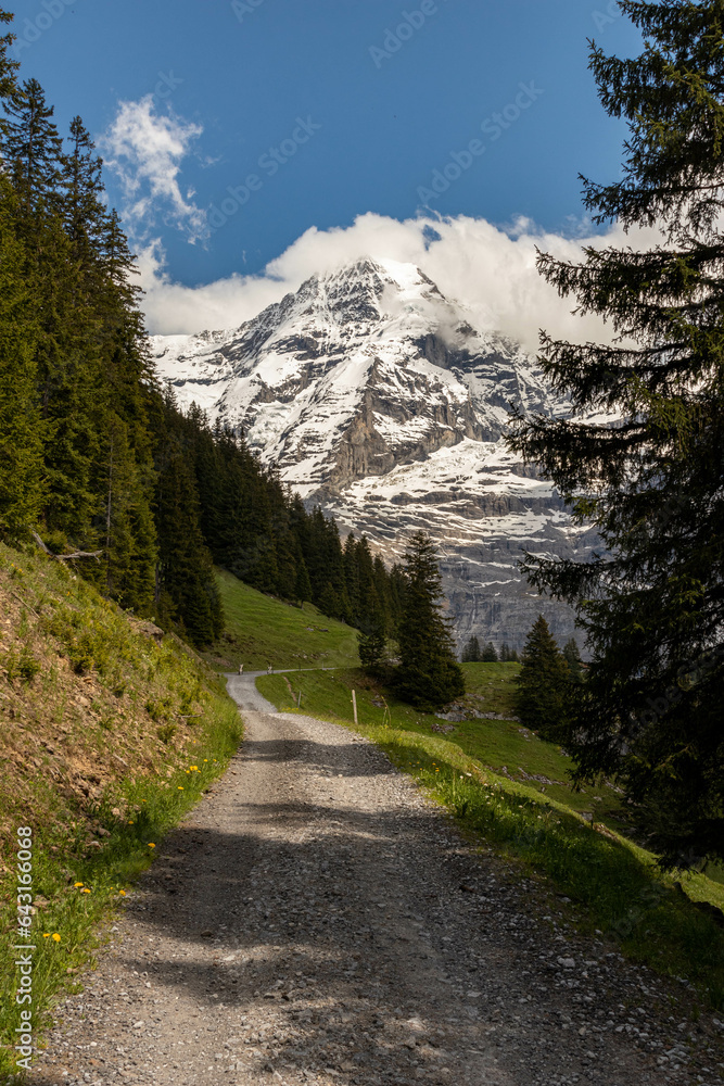 Trail Leading Down a Mountain in the Swiss Alps in Switzerland in the Summer with Mountains Peaking Through Clouds in the Background