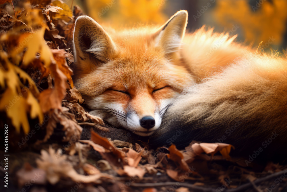 Cute Fox Sleeping On Autumn Leaves Nest. Ai Generated
