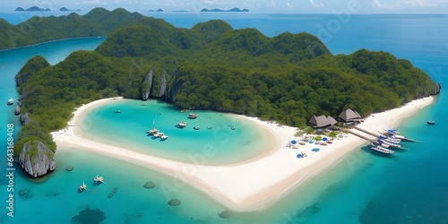 view of island, Aerial view of beautiful crystal-clear water and white beach with long tail boats in summer of tropical island with copy space.