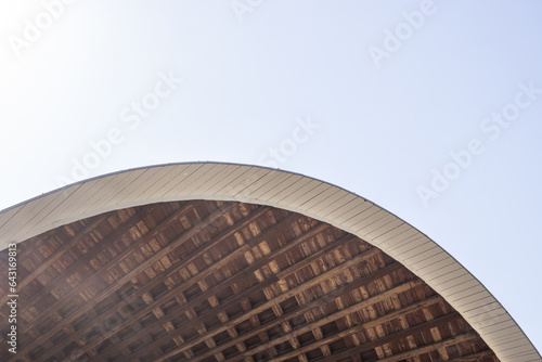 a curved roof with interlocking wood