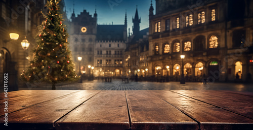 Christmas Decorated tree and illuminated Christmas tree in town square. Empty wooden table top with blurred Christmas tree and snowfall with bokeh light background. Christmas Holidays. digital ai