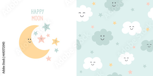 Cute moon card and seamless pattern. Background for kids with moon, clouds and stars. Vector illustration. It can be used for wallpapers, wrapping, cards, patterns for clothes and other.