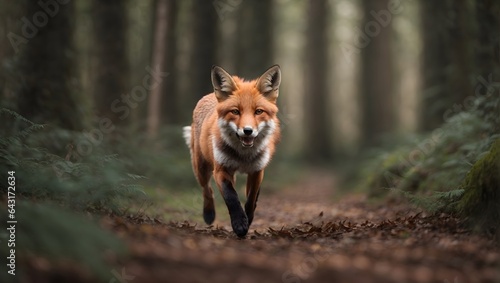 red fox in the forest. Fox running in forest, more realistic. wide angle photography.