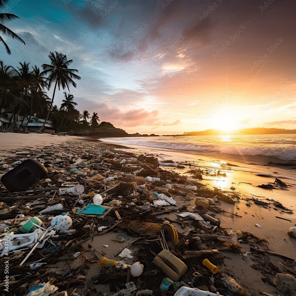 trash on the beach at sunset, with palm trees in the background and ocean waves crashing onto the sand stock photo