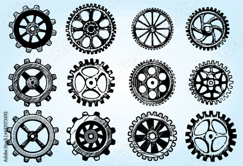 Hand-drawn Collection and set of realistic gear and bicycle stars. A profiled wheel with teeth that engages with a chain. Editable vector, Cog set icons. eps 10.