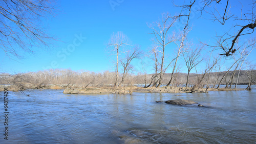 Potomac river at Gran Fall national park during winter sunny day (Virginia - Maryland, USA)