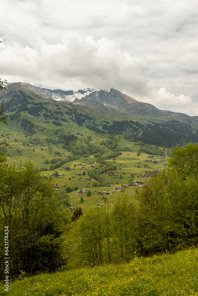 Obraz premium Buildings Sitting Along a Hill of the Swiss Alps in Switzerland in the Summer with Mountains Peaking Through Clouds in the Background