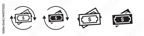 Money transfer icon. price roll back dollar currency note symbol. Vector set of finance investment return on saving capital. Flat outline of payment convert cash flow in business. Cost reverse refund