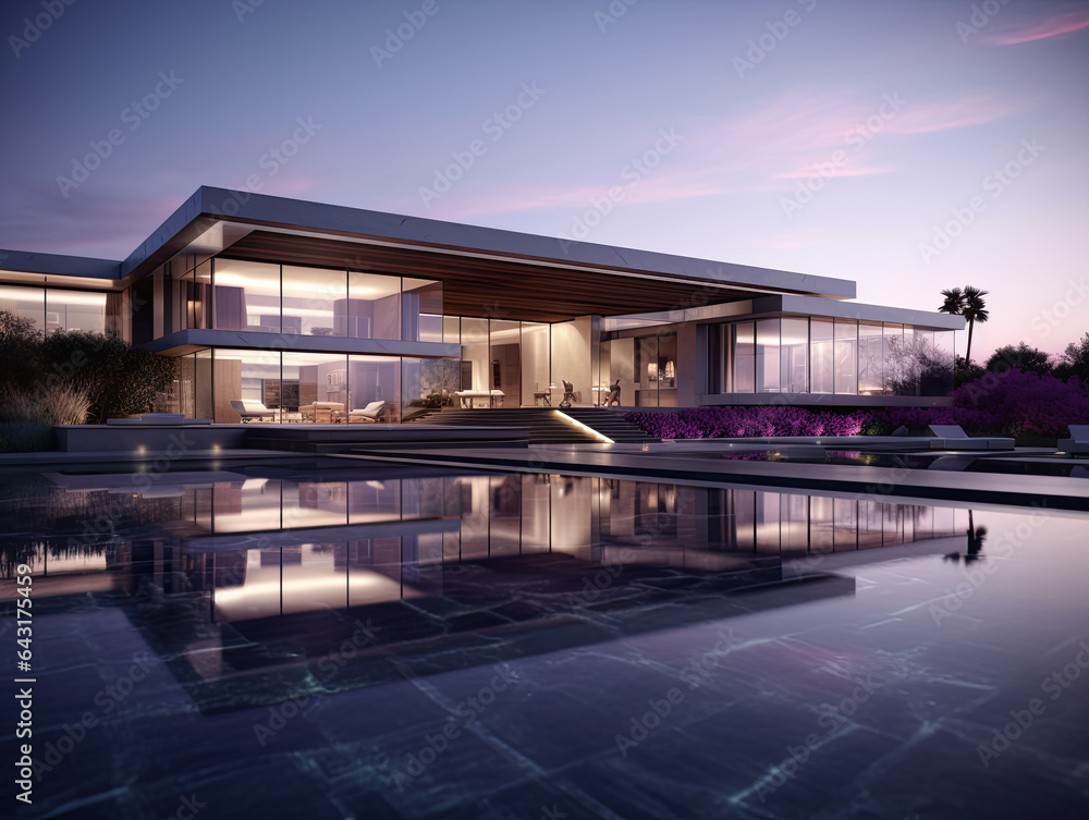 chalet de dos plantas blanco de construcción modernista con grandes ventanales, terreno y gran piscina, rodeado de árboles en atardecer chalet de dos plantas blanco de construcción modernista con grandes ventanales, terreno y gran piscina, rodeado de árboles en atardecer