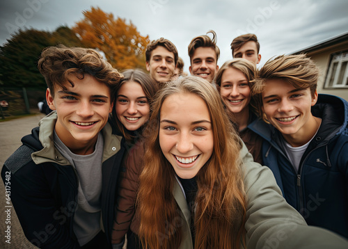grupo de jovenes estudiantes y  amigos haciéndose un selfie en el patio exterior del colegio o instituto donde estudian y realizan su formacion
