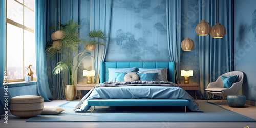 habitación en tono azul con pared de fondo azul con cortinas y cama central, adornada con cojines, junto a mesitas, sofa y gran ventana iluminada con vistas al exterior © Helena GARCIA