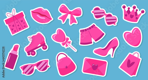 Pink trendy set of stickers. Pink doll aesthetic accessories.