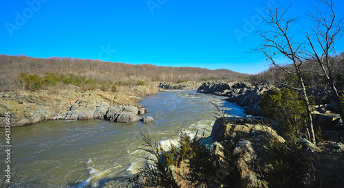 Potomac river at Gran Fall national park during winter sunny day (Virginia - Maryland, USA)