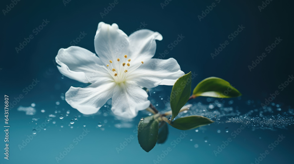 Fototapeta premium Jasmine bloom. A beautifull white flower of Jasmine falling in the air isolated on blue background. Levitation or zero gravity concept.