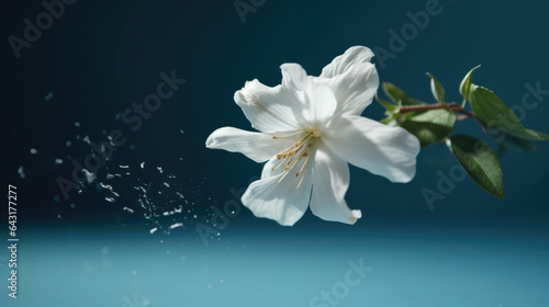 Jasmine bloom. A beautifull white flower of Jasmine falling in the air isolated on blue background. Levitation or zero gravity concept.