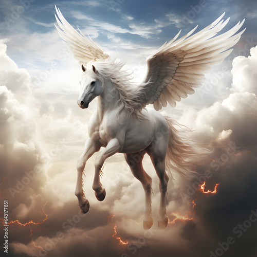 Pegasus horse flying through the sky with white clouds. A fantasy concept from Greek mythology. Generative ai. 