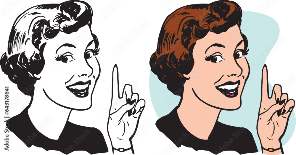 A vintage retro illustration of a smiling woman pointing up.