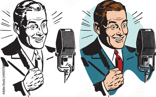 A vintage retro illustration of a man making an announcement into a vintage microphone. 