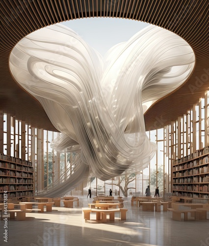 the inside of a library with lots of books on shelves and people walking around it in the background is a large white wave
