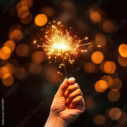 A hand holding a sparkler on a black blurry background
