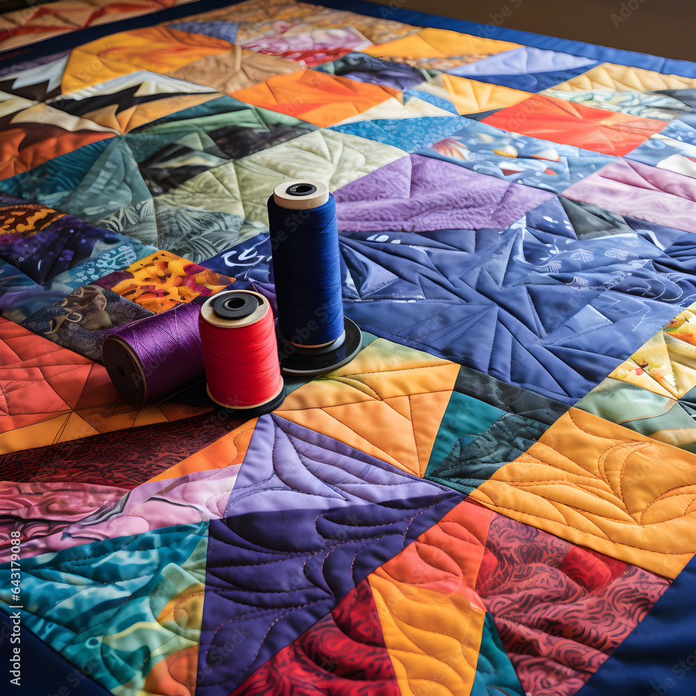 Quilt with quilting fabric used for stitching and sewing. Colorful