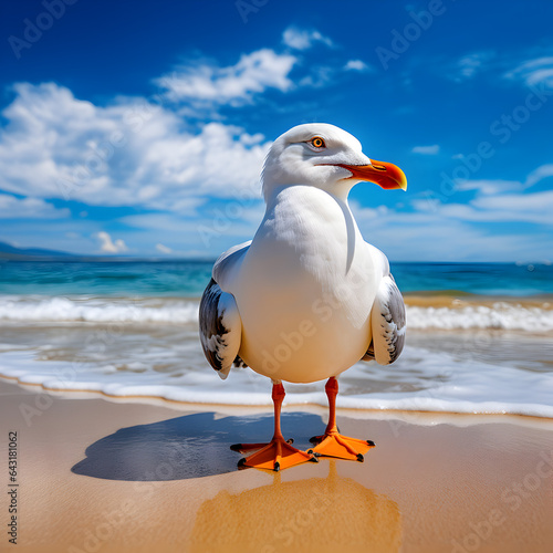 Close up of a Seagull on the beach with waves and clouds behind it. Ocean bird and animal concept. Generative ai. 