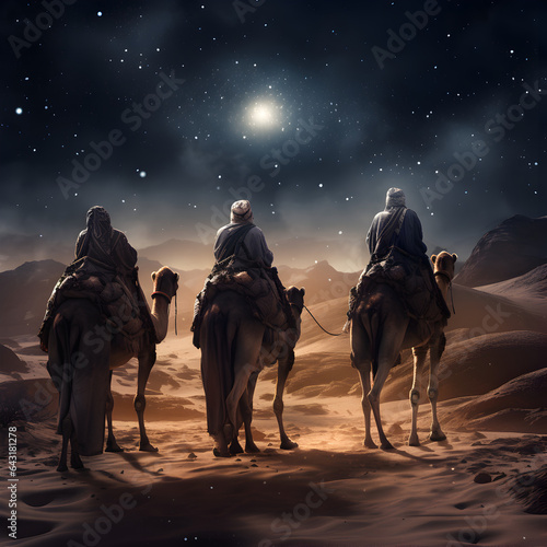 The three wise men following the Star of Bethlehem. A Biblical concept depicting the wise men traveling to the birth of Jesus Christ. Generative ai.