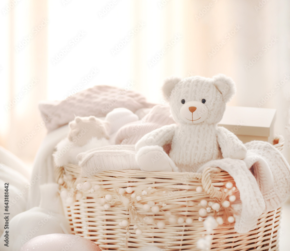  Christmas gifts, teddy bears in sandy and pink tones, creating feeling of coziness. Advertising project of goods for babies. Banner. Close-up