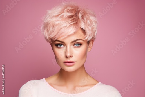 portrait of a woman with short hairstyle shot against pink background