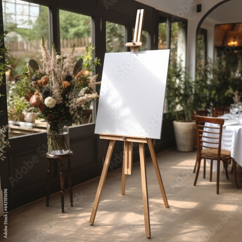Fototapete White Board canvas on wood easel in the garden, welcome sign, Seating chart Mock