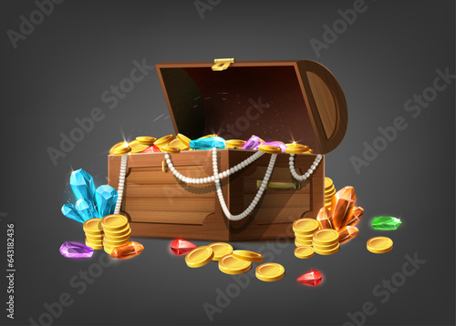 Vector cartoon style icon illustration. Wooden treasure chest with jewelery, jems and gold. photo