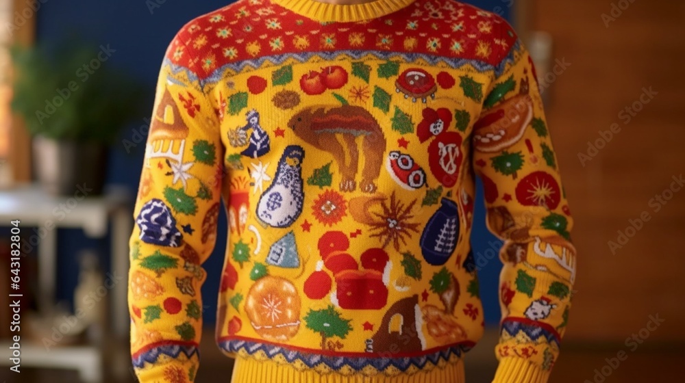 Ugly holiday sweater showing nutritional yeast.Generative AI.