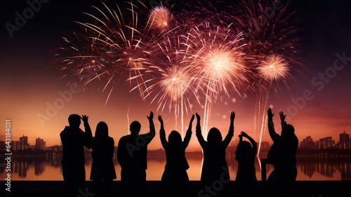 Group of happy people silhouette by the background of a fireworks display, layout for new year wishes and celebration background with copy space for text