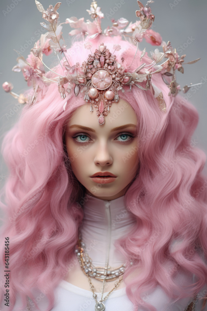 Mädchen mit rosa Haaren und verschnörkeltem Kopfschmuck, girl with pink hair wearing an ornate headpiece